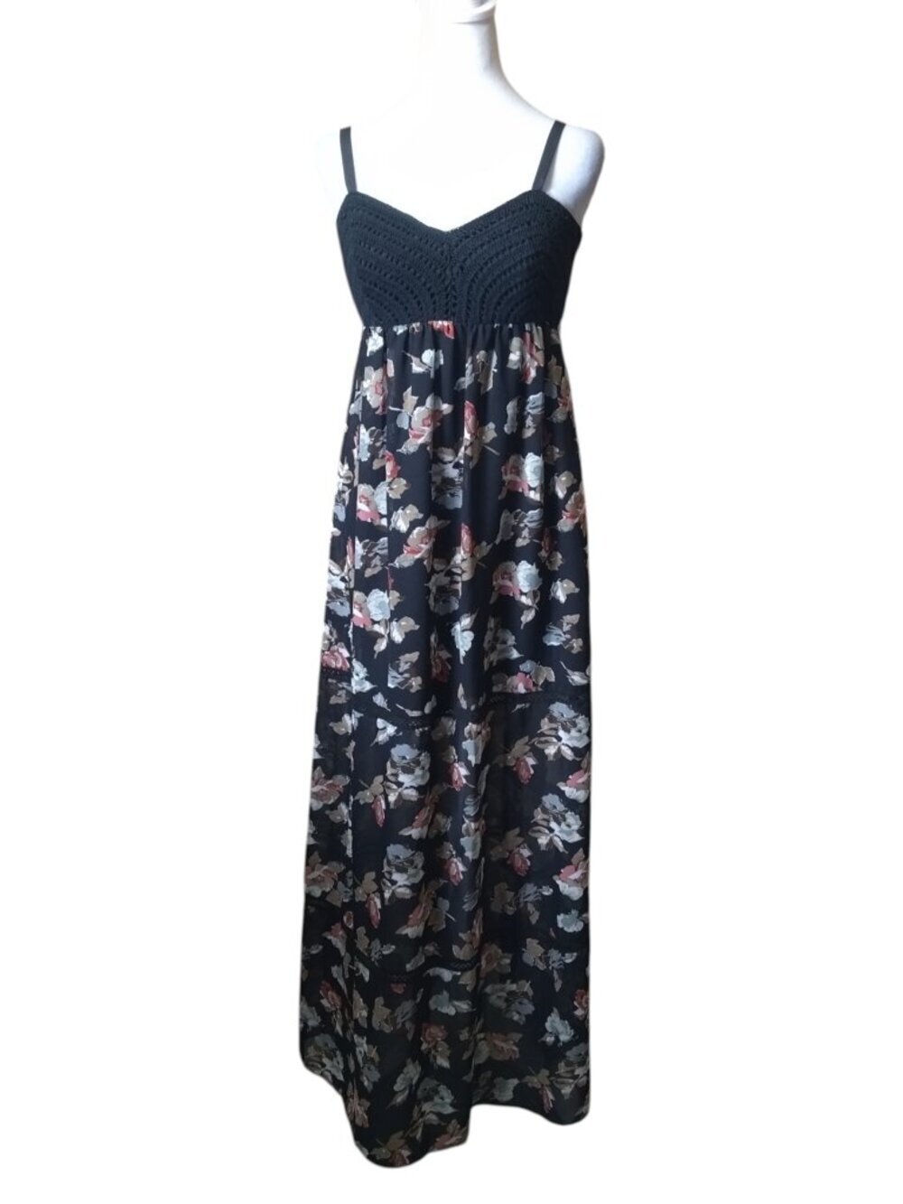 Maia Maxi Dress Floral Crochet Top Size 4 Spaghetti Strap Semi Sheer Lined Boho